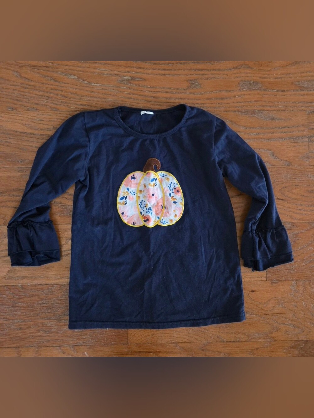 Girls Navy Long-Sleeve Pumpkin Applique Top 7/8